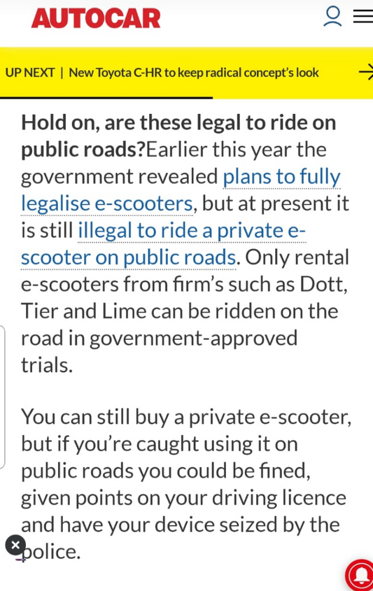 Screenshot of an article discussing legal issues of riding private e-scooters on public roads. Highlights include trials by companies like Dott, Tier, and Lime, and potential fines for unauthorised use.